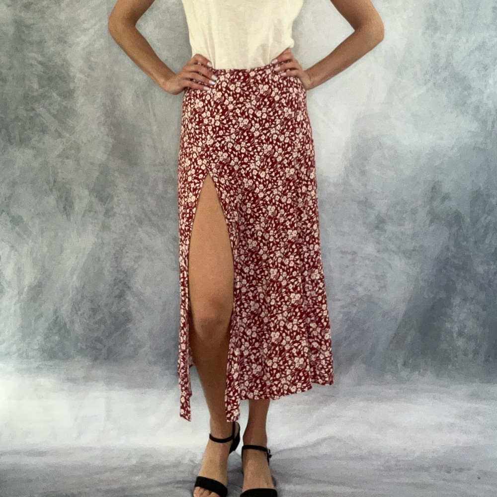 Reformation Red Floral Midi Skirt